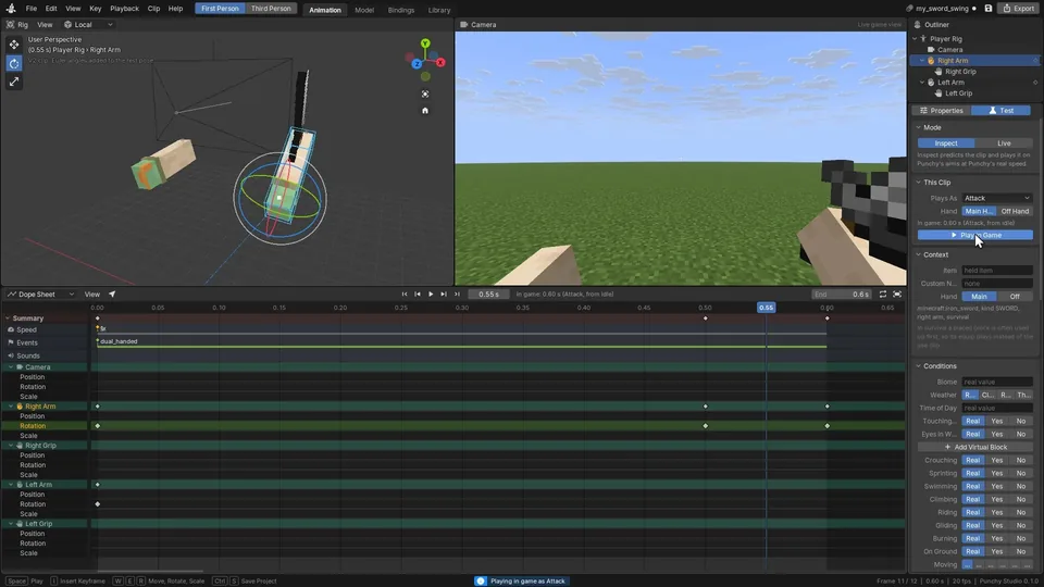 Punchy! Studio with a first-person sword swing open: the arm in the 3D view, the same swing playing in the game beside it, and its keys on the timeline below.