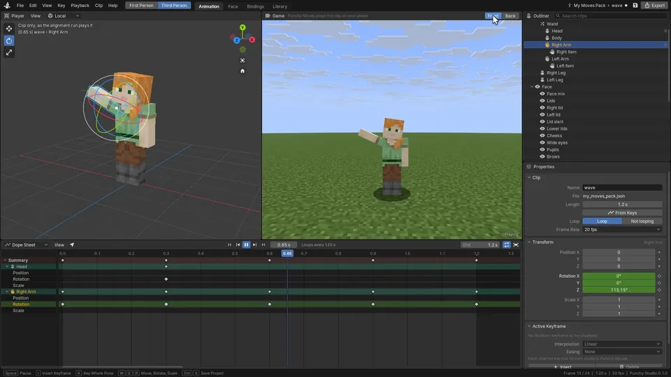 Punchy! Studio's Game view for Punchy! Moves: a wave keyed on the player in the 3D view, and the same wave playing on the player in the game beside it.